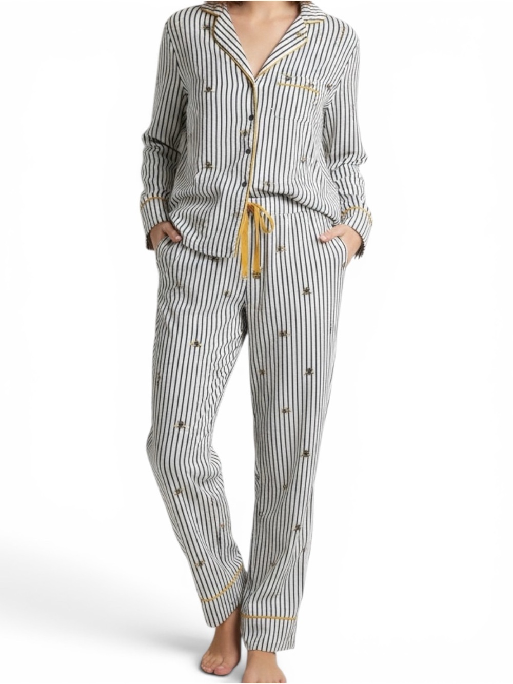 Joules Bee Print Striped Pajama Set Womens Small Black White Yellow Lounge Set